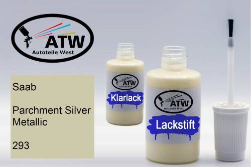 Saab, Parchment Silver Metallic, 293: 20ml Lackstift + 20ml Klarlack - Set, von ATW Autoteile West.